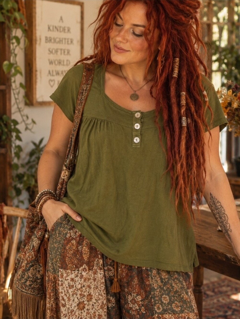 4/$15 Mudd Olive Green Babydoll Tunic Top XXL Boho Earthy Cottagecore Lagenlook